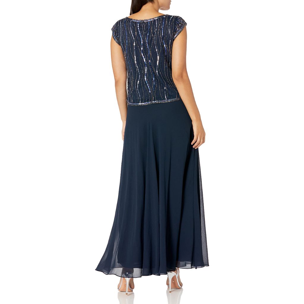 J Kara Women's Short Sleeve V-Neck Beaded Pop Over Dress Dress, Navy/Multi, 16