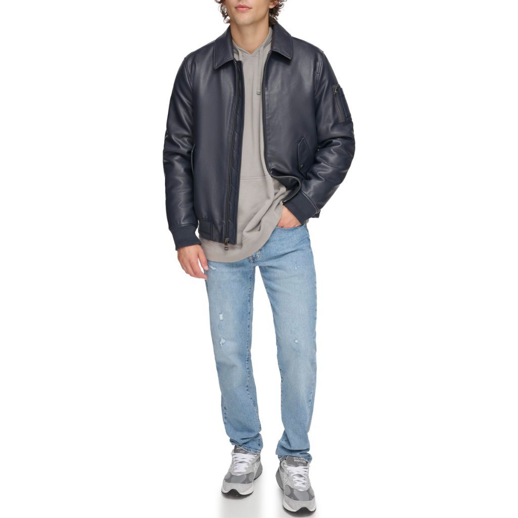 Tommy Hilfiger Men's Smooth Lamb Touch Faux Leather Unfilled Bomber, Navy Laydown Collar, X-Large