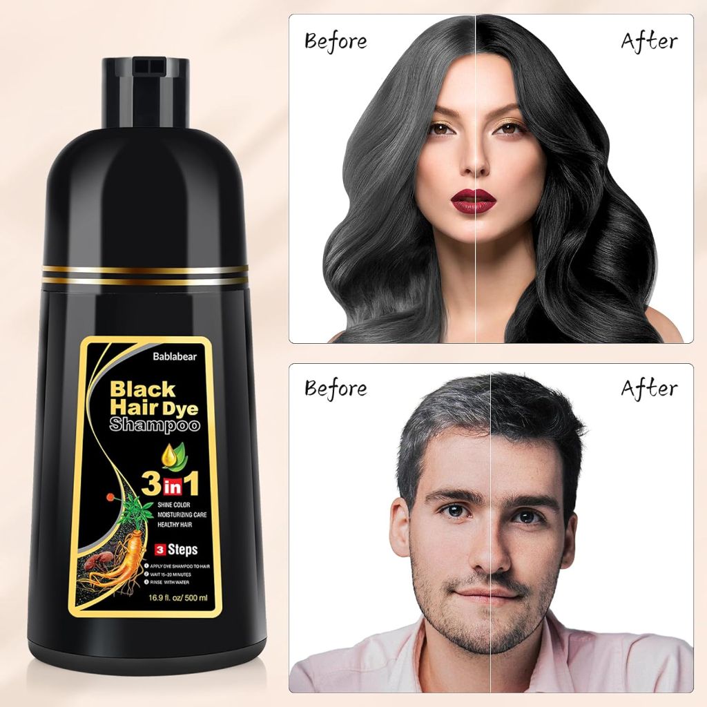 Bablabear Black Hair Dye Shampoo for Gray Hair, Grey Coverage | 500ml