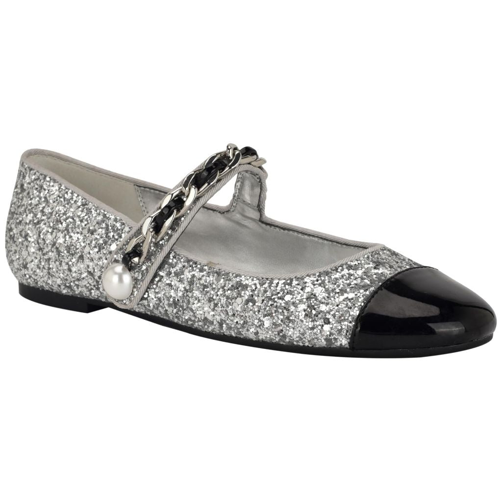 Nine West Women's Platy Flat, Silver Glitter/Black Multi 040, 7