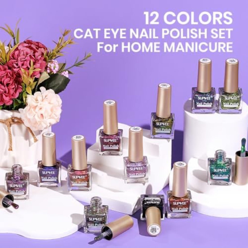 Magnetic Nail Polish Non Gel, 12 Colors Quick Dry Cat Eye Nail Polish Non Gel with Magntic for Fingernail Air Drying Fast Lacquer, Chip Resistant, Vegan, Fast Drying, Long Lasting