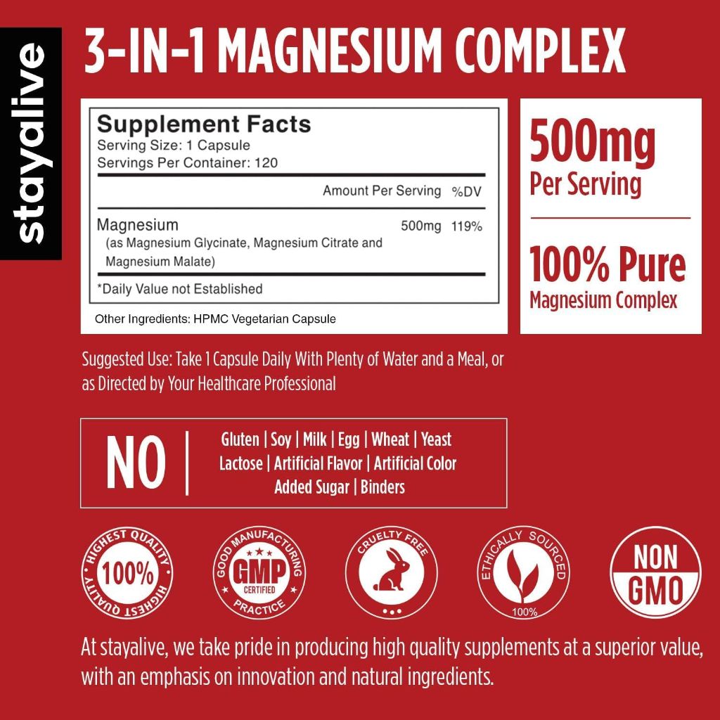 STAY ALIVE Triple Magnesium Complex Supplement 500mg - 120 Pills