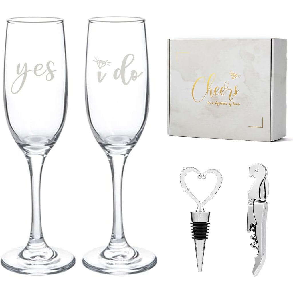 Wedding Champagne Flutes Glass Set with Wine Stopper and Opener - "Yes I do"