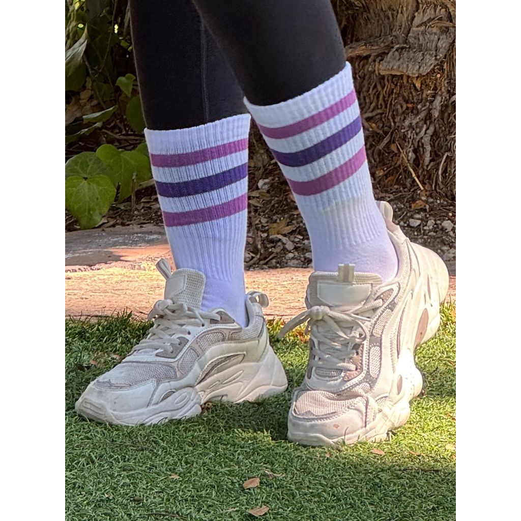 COTTON DAY Womens Soft Combed Cotton White Crew Socks Striped Top BBH Shoe Size 6-9