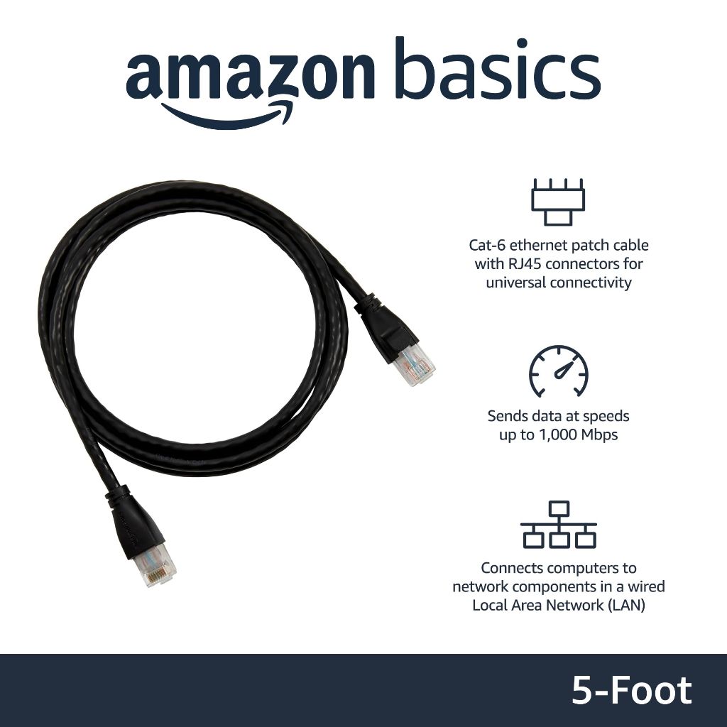 Amazon Basics RJ45 Cat-6 Ethernet Patch Internet Cable, 5 Foot, Black