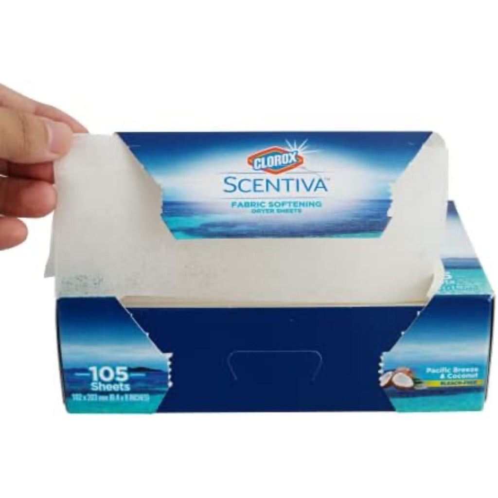 Clorox Scentiva Fabric Softener Dryer Sheets, Pacific Breeze & Coconut Scent - Wrinkle Reducing Scented Softening Laundry Dryer Sheets for Great Smelling Clothes, 105 Count