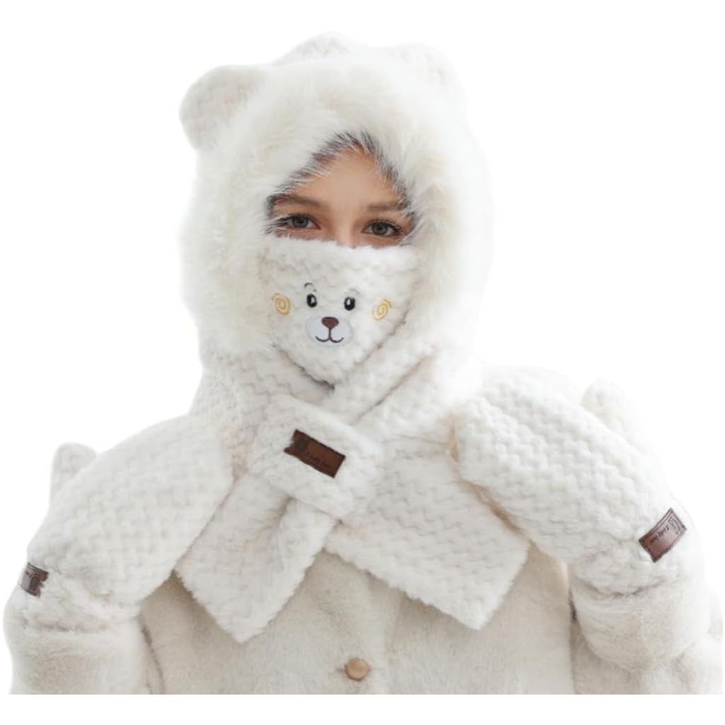Women's 4 in1 Faux Fur Hooded Beanie Hat, Scarf, Gloves Set, X-Large