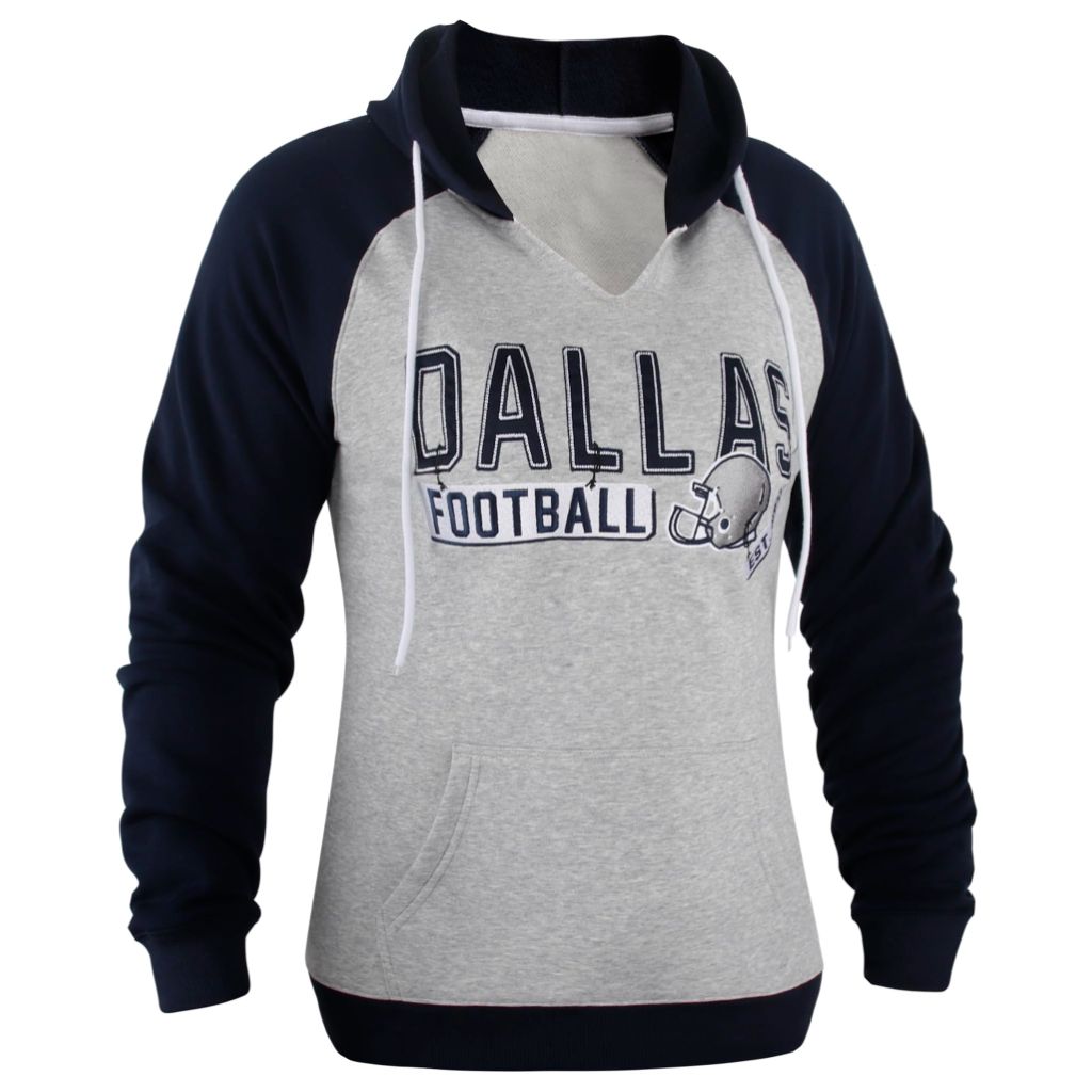 Womens Football City Fans V Neck Raglan Embroidery Athletic Hoodies Pullovers Fleece Sweatshirts - Navy & Grey - 3X-Large