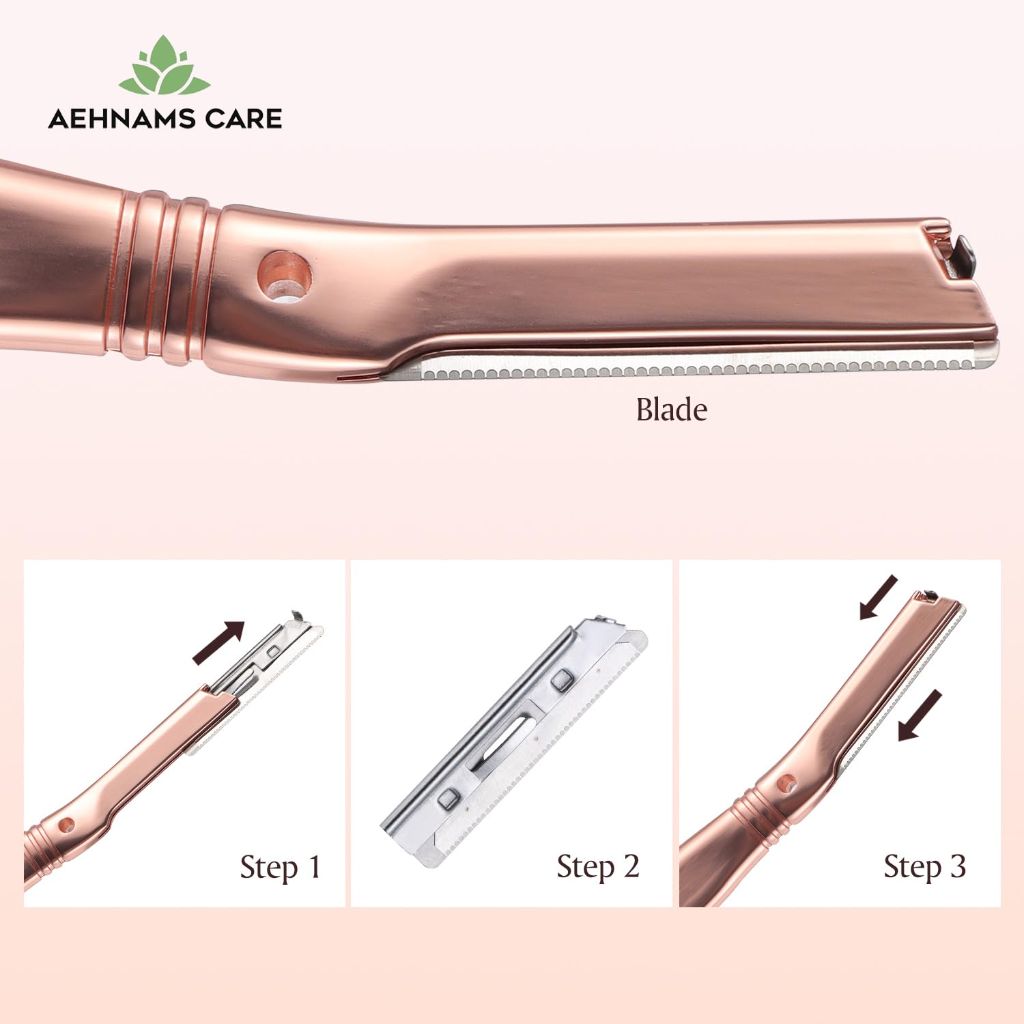 AEHNAMS Care Facial Exfoliation Dermaplaner Metal Razor Set with Face Oil 20ml, 3 Replacement Blades, Rose Gold
