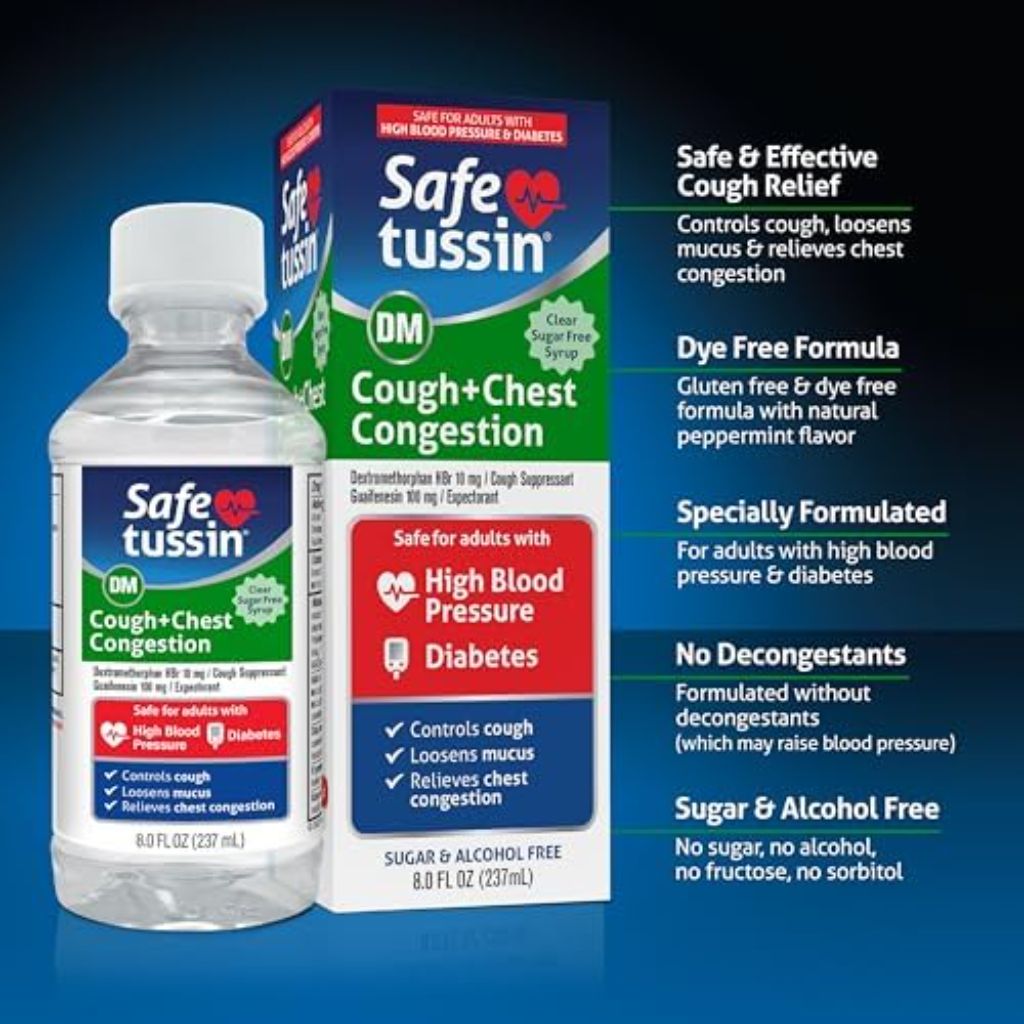 Safetussin DM Cough & Chest Congestion, 8 oz, Expectorant Mucus Relief, Cough Relief Syrup, Safe for Adults with High Blood Pressure & Diabetes