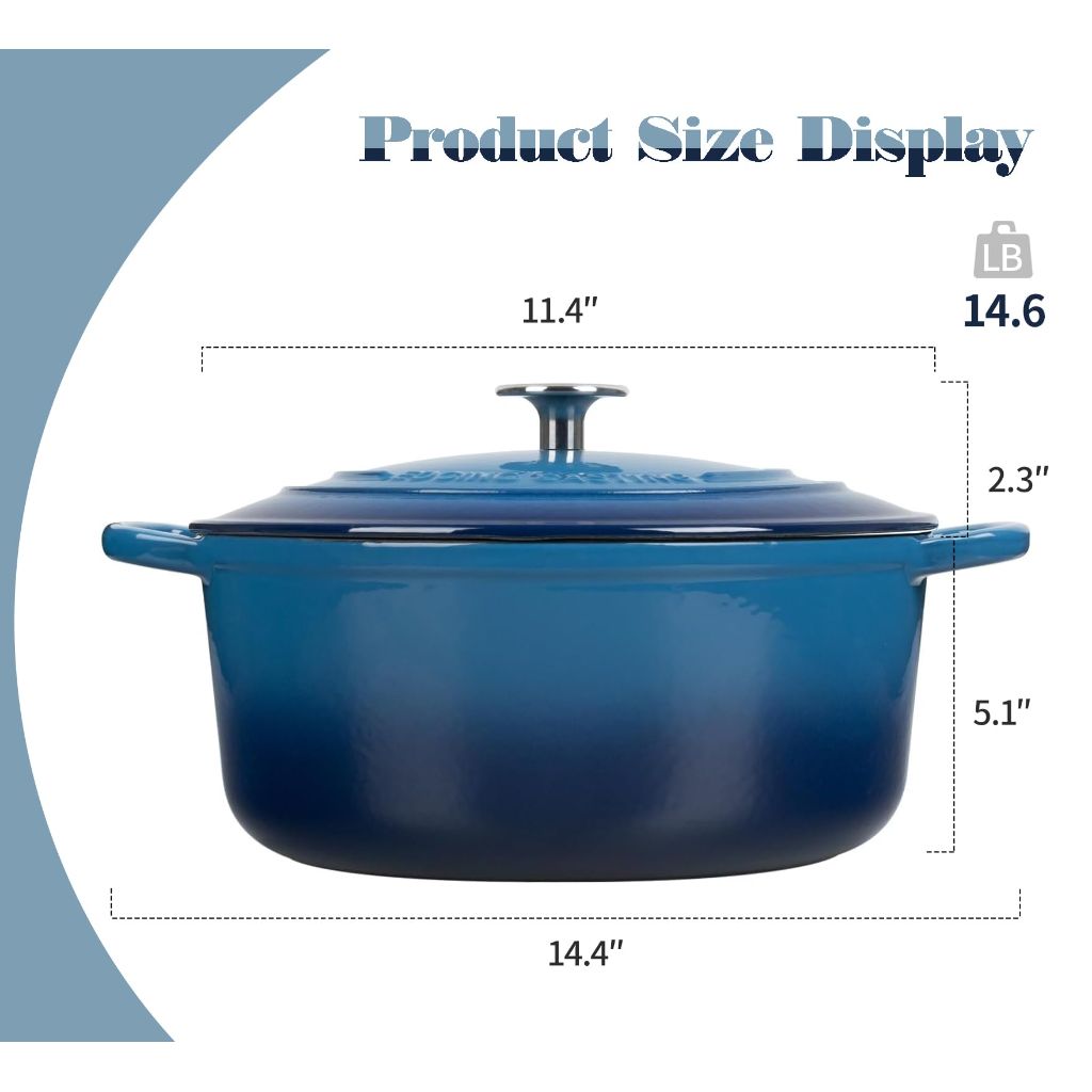EDGING CASTING Enameled Cast Iron Dutch Oven Pot with Lid, 7 Quart, Round Dutch Ovens for Bread Baking, Lake Blue