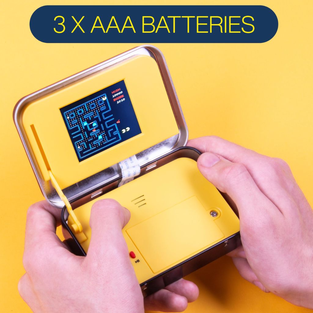 Pac-Man Arcade in a Tin - Classic Pacman Arcade Game. Full Color 8-bit Game Includes 4” Screen, Original Sounds, Official Gameplay, D-Pad Control. Officially Licensed Pac-Man Merchandise