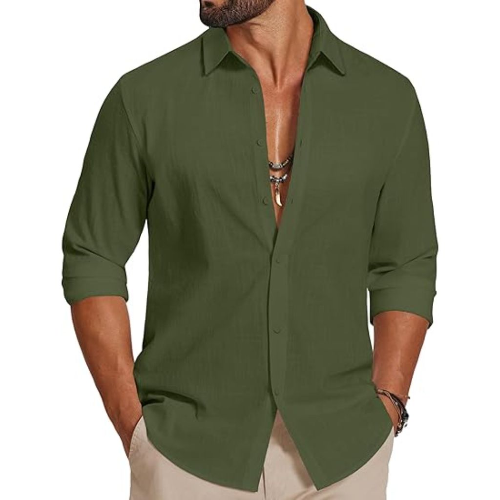 COOFANDY Men's Casual Button Down Long Sleeve Shirt, Army Green, Medium