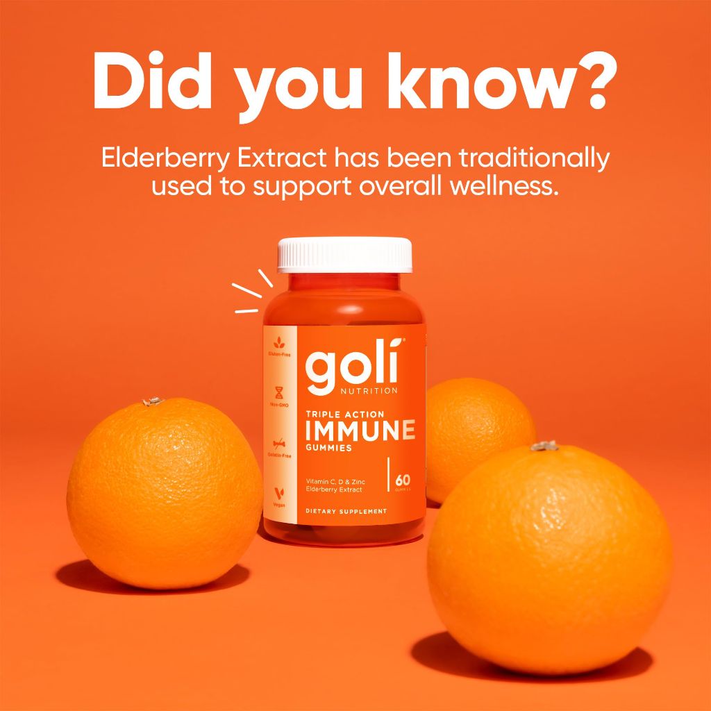 Goli Immune Vitamin Gummy - 60 Count - Elderberry, Vitamin C, D & Zinc, Vegan, Non-GMO, Gluten-Free & Gelatin-Free, Pack of 1