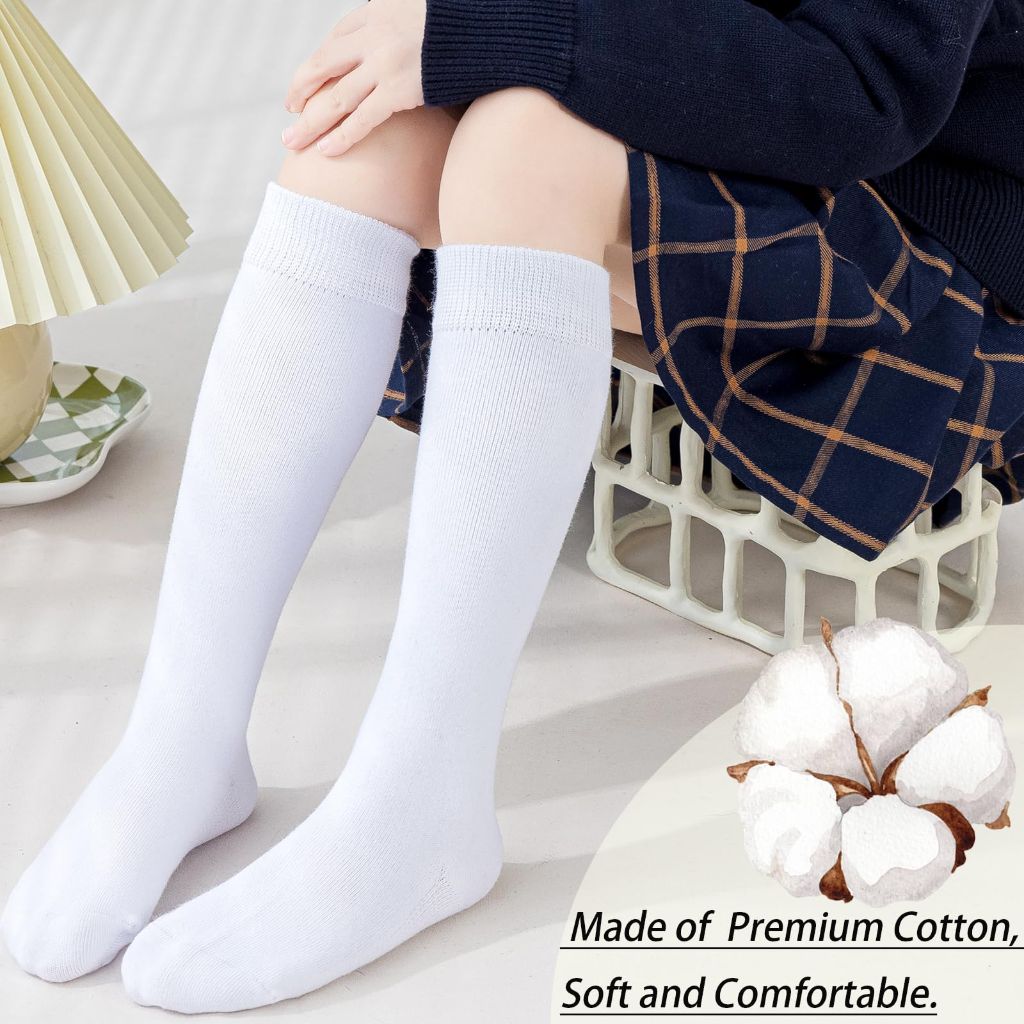 Mini angel Girls Knee High Socks Seamless Boys School Uniform Socks Kids Soccer Socks Cotton Long Socks 8-10 Years, 5 Pairs (White, L)