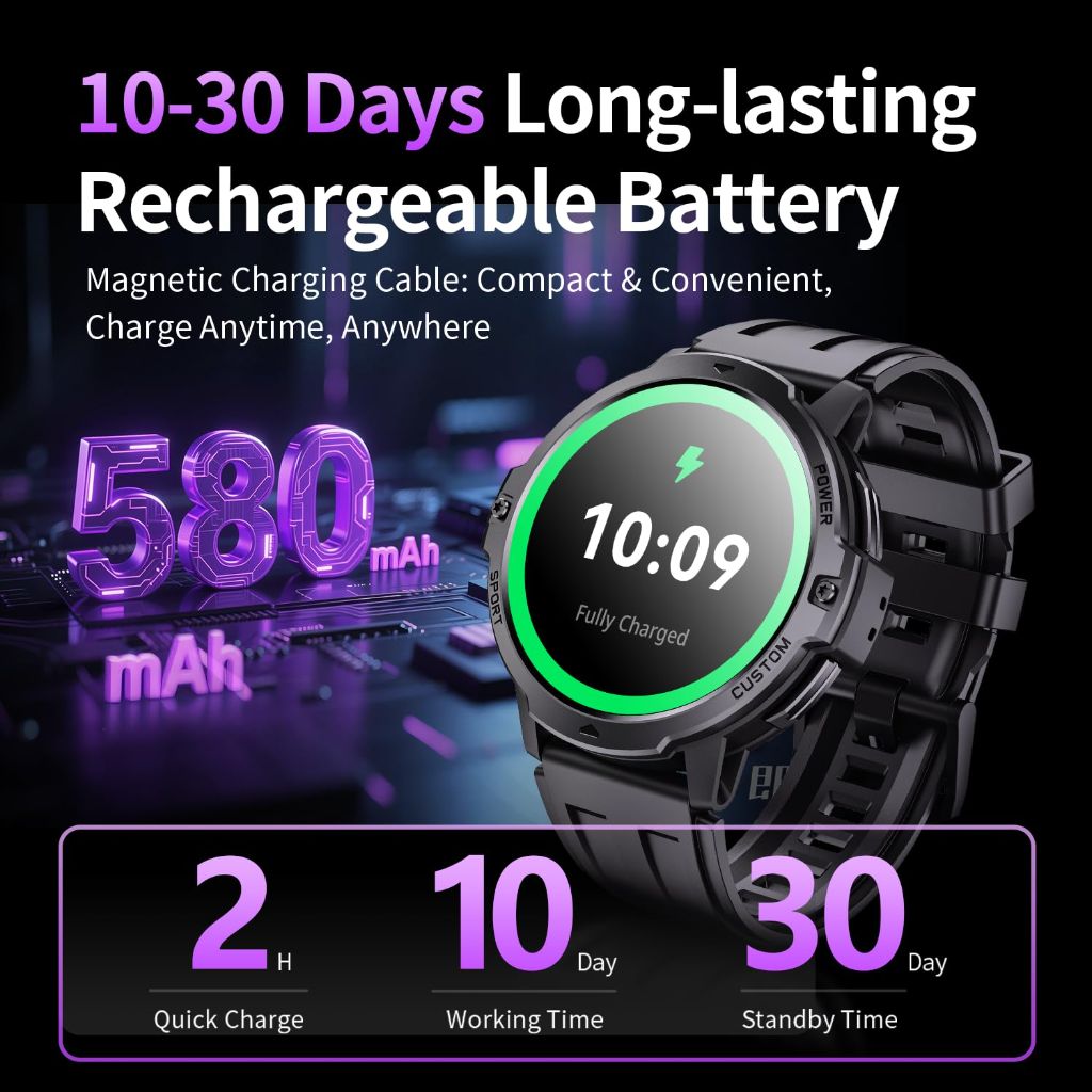 Rugged Smart Watch | 1.46'' Tactical Smartwatch with Bluetooth Calls, Compass | Black