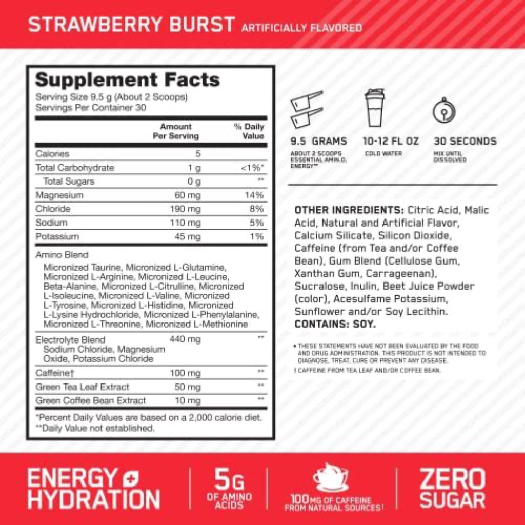 Optimum Nutrition AmiN.O. Energy + Hydration Supplement Powder - Strawberry Burst - 9.5 oz (30 Servings)