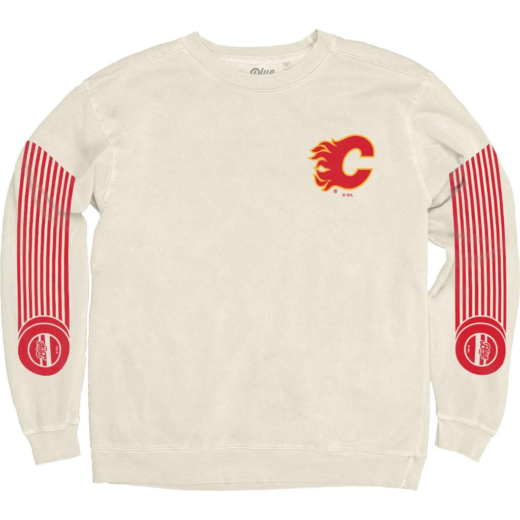 SZ L, Blue 84- Calgary Flames Crewneck Sweatshirt Ringspun Ivory Sleeveshot,