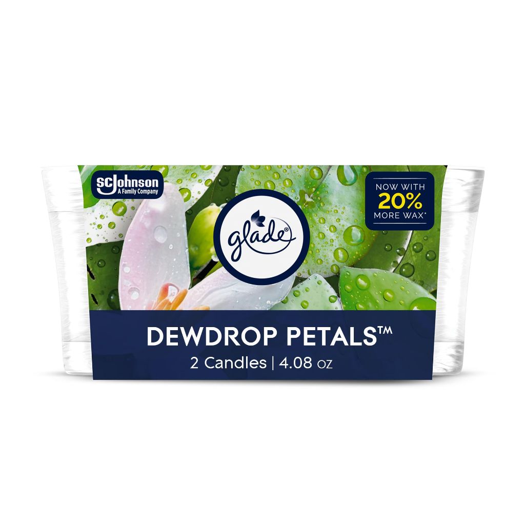 Glade 1-Wick Scented Candle Jar, Dewdrop Petals, Air Freshener Infused with Essential Oils, 4.08 Oz, 2 Count
