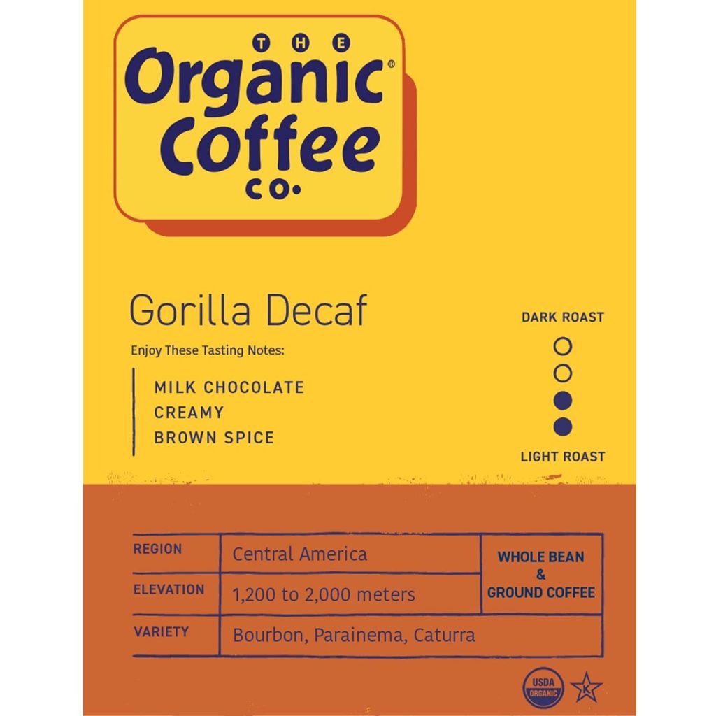 Organic Coffee Co. Gorilla Decaf Whole Bean Coffee 2LB (32 Ounce) Medium Light Roast Natural Water Processed Decaffeinated USDA Organic