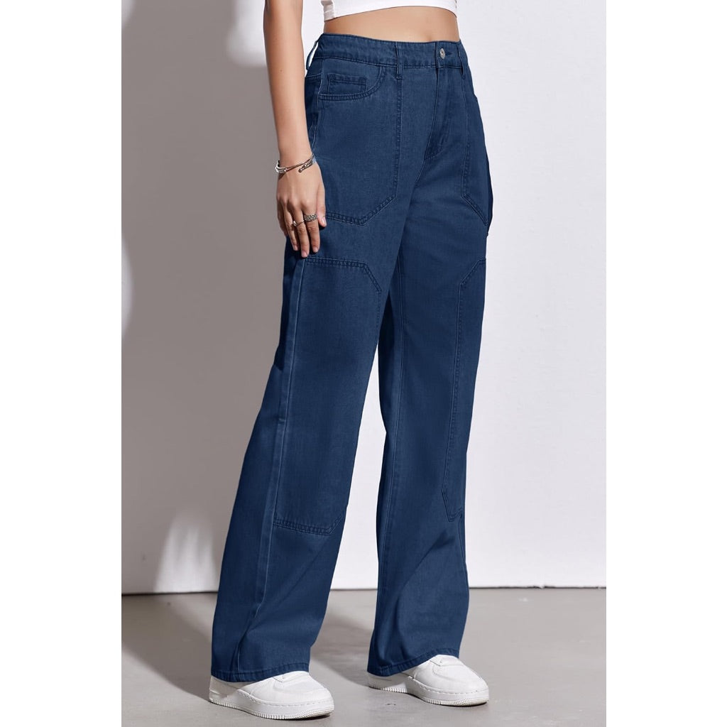 Women's High Waisted Cargo Jeans Wide Leg Boyfriend Baggy Pants, Navy, Size 8