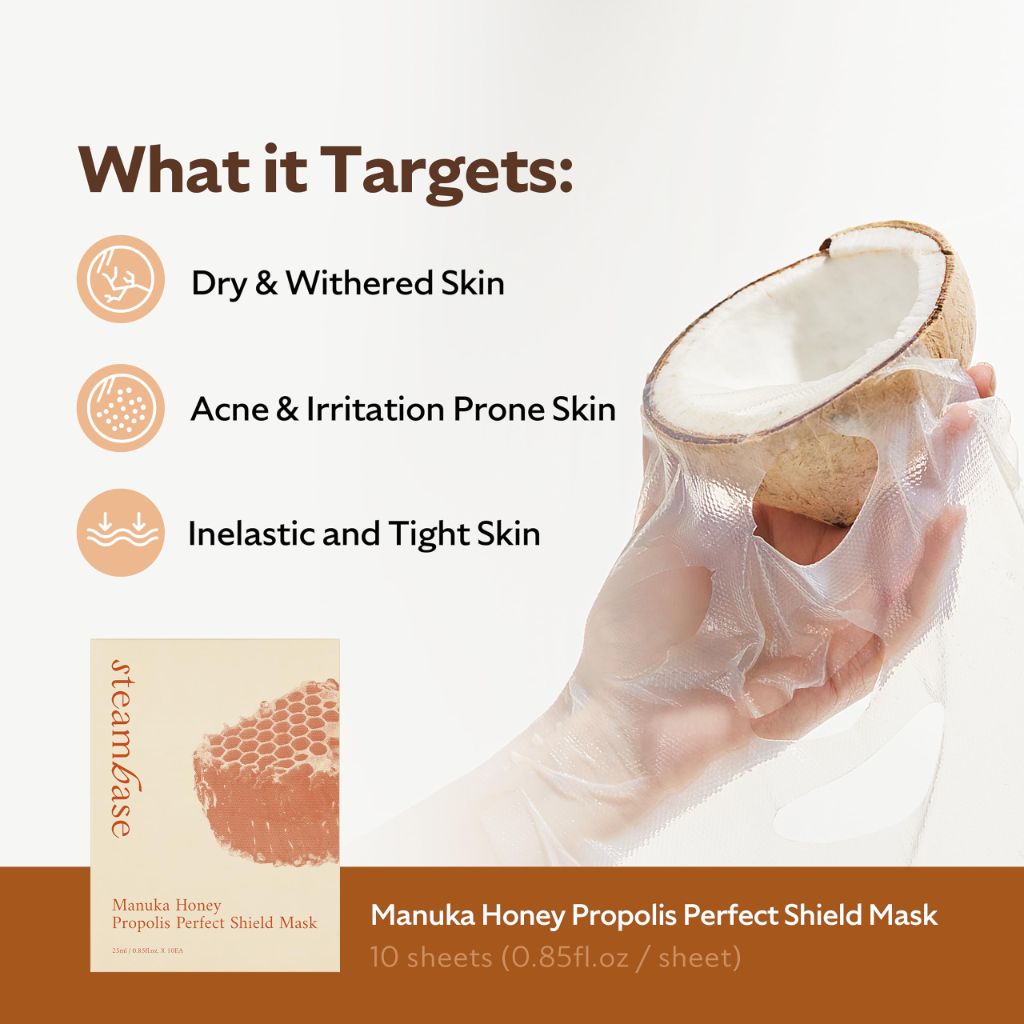STEAMBASE Manuka Honey Propolis Perfect Shield Mask | Face Sheet Mask | Korean Skin Care | 10 Sheets