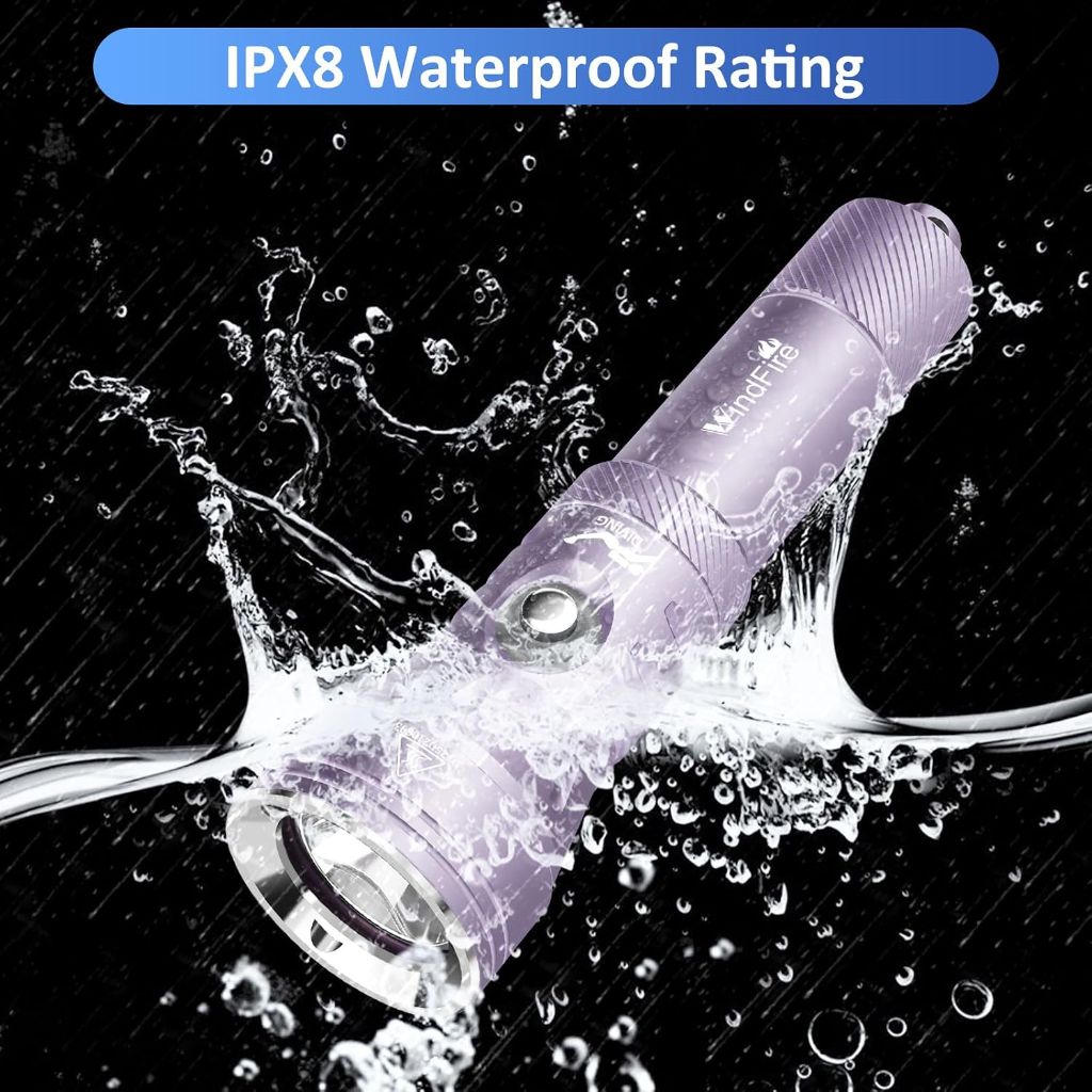 WINDFIRE Dive Light, High-Powered Rechargeable Scuba Flashlight with Power Indicator, IPX8 Waterproof, 12° Beam Angle - Purple