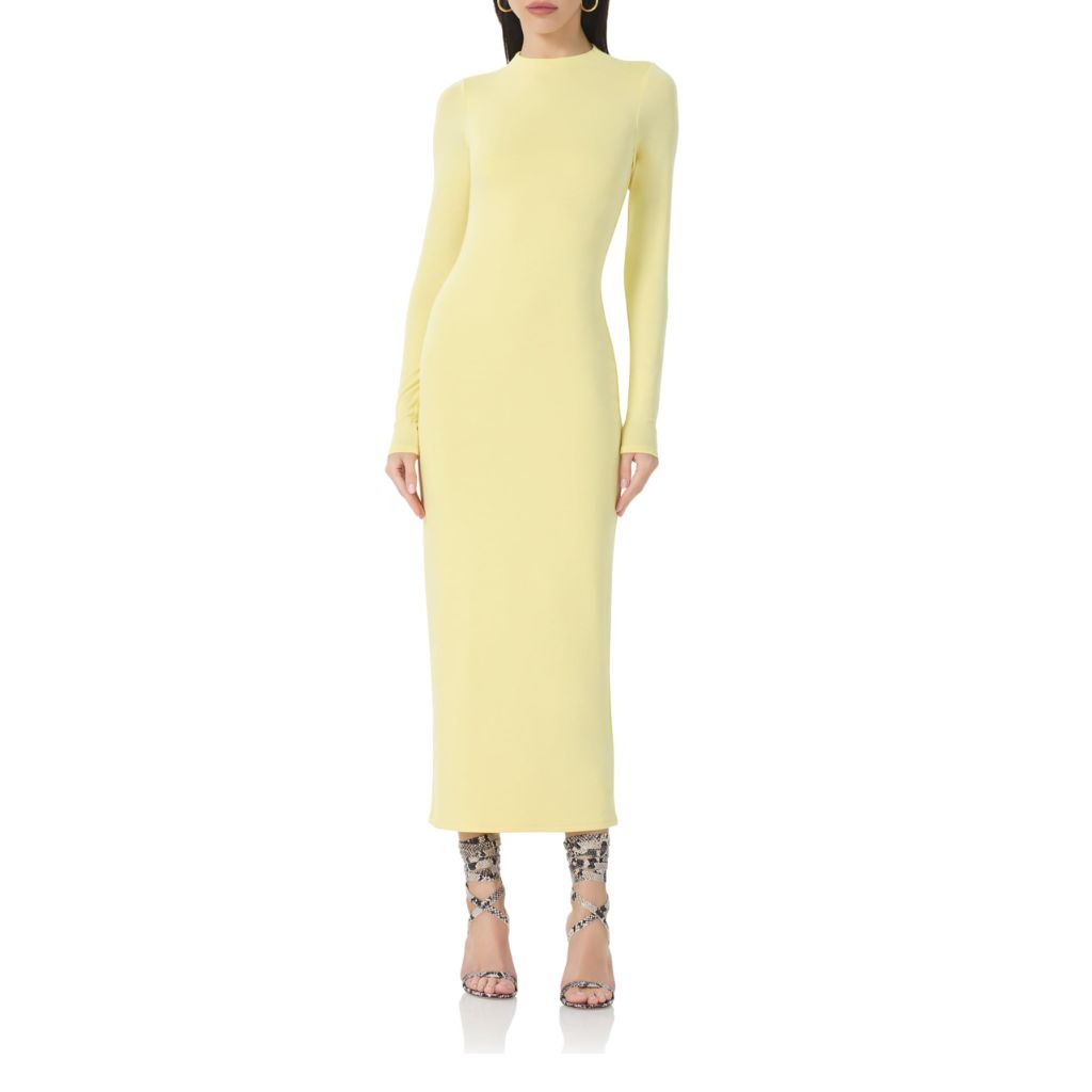 AFRM Women's Juniper Mock Neck Long Sleeve Midi Bodycon Dress, Buttercup, X-Large