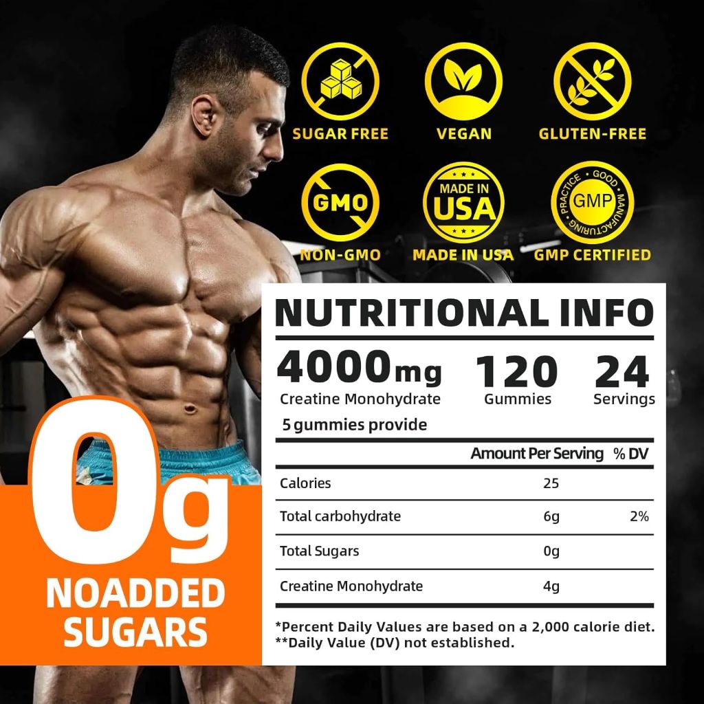 Creatine Monohydrate Gummies 4g per serving, Creatine Gummies - 120 Count (Orange)