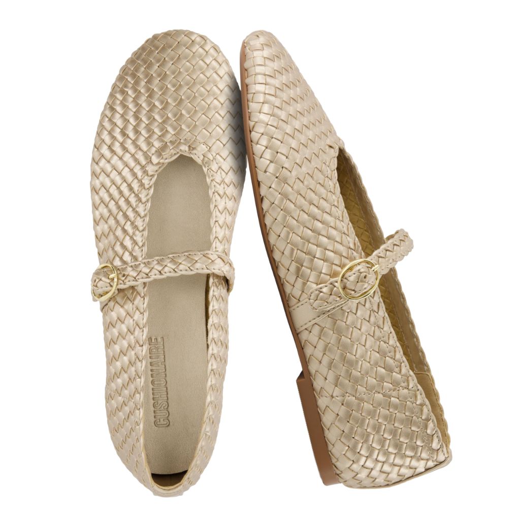 SZ 6.5, CUSHIONAIRE Bistro Mary Jane Flats for Women, Woven Ballet Flats , Gold