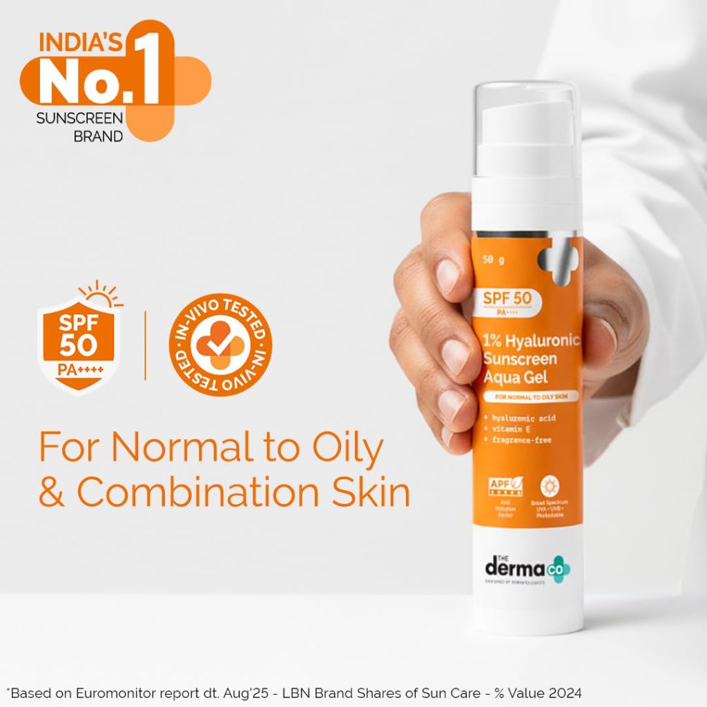 The Derma Co 1% Hyaluronic Sunscreen Aqua Gel with SPF 50 & PA++++  | Lightweight & Quick Absorbing with Vitamin E | 1.76 Oz/50g