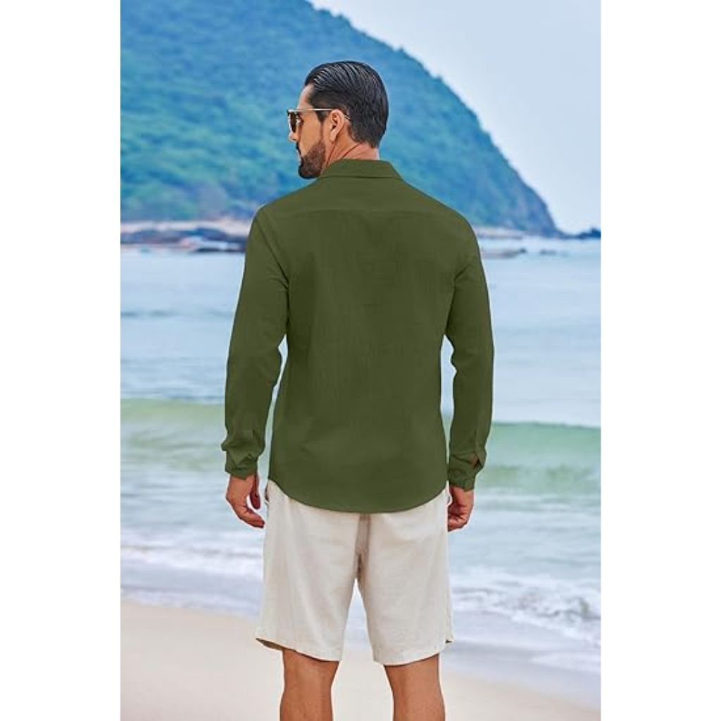 COOFANDY Men's Casual Button Down Long Sleeve Shirt, Army Green, Medium