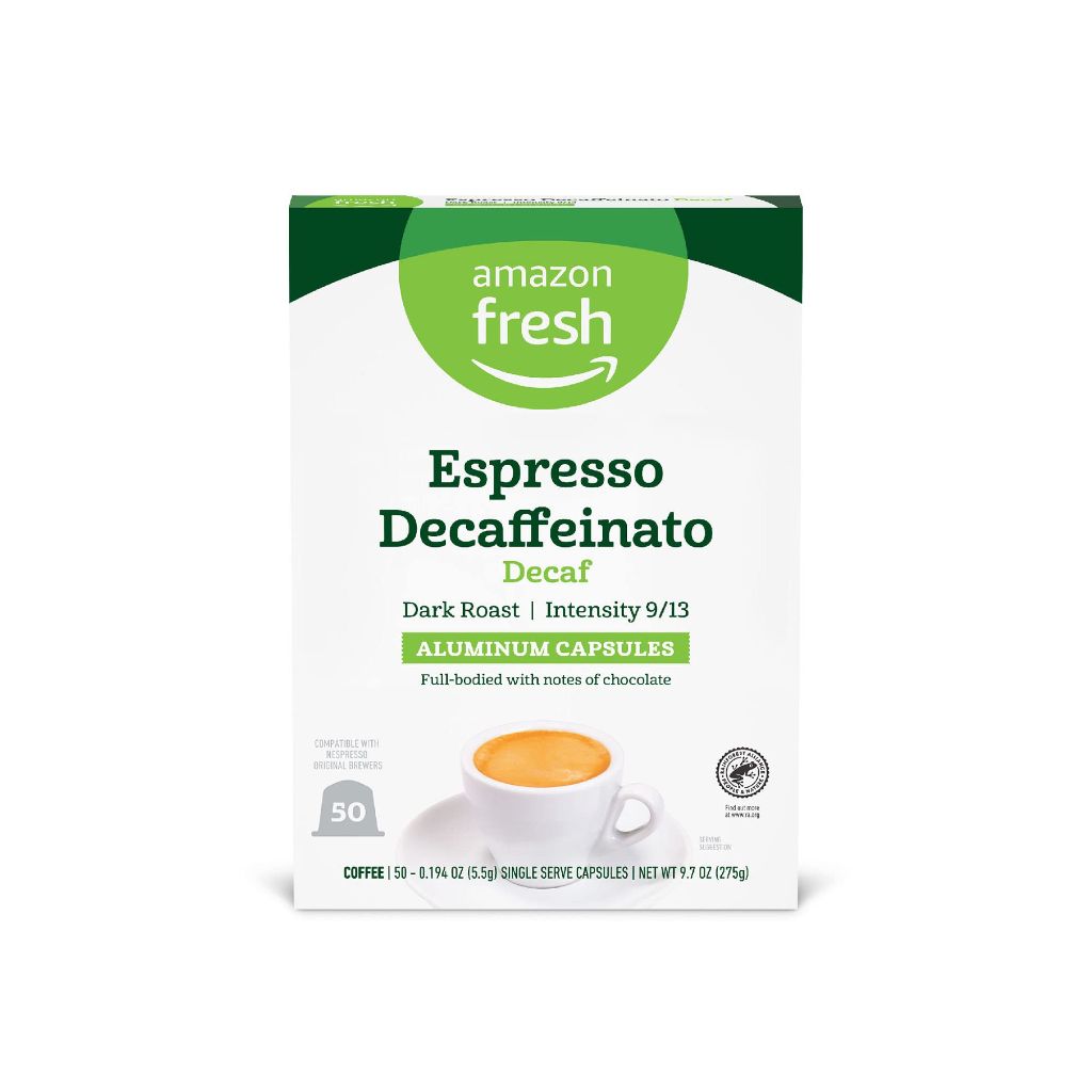 Amazon Fresh Espresso Decaffeinato Dark Roast Aluminum Capsules, Intensity 9/13, 50 Count (5 Packs of 10)