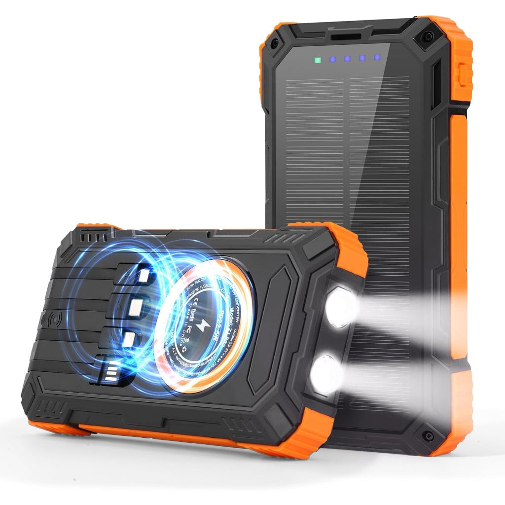 Solar Charger Power Bank,36000mAh Portable Wireless Charger with USB-C in/Output,15W Fast Charging External Battery Pack Built in 4 Cables,Three Inputs Phone Portable Charger (Black-Orange, 36000mAh)