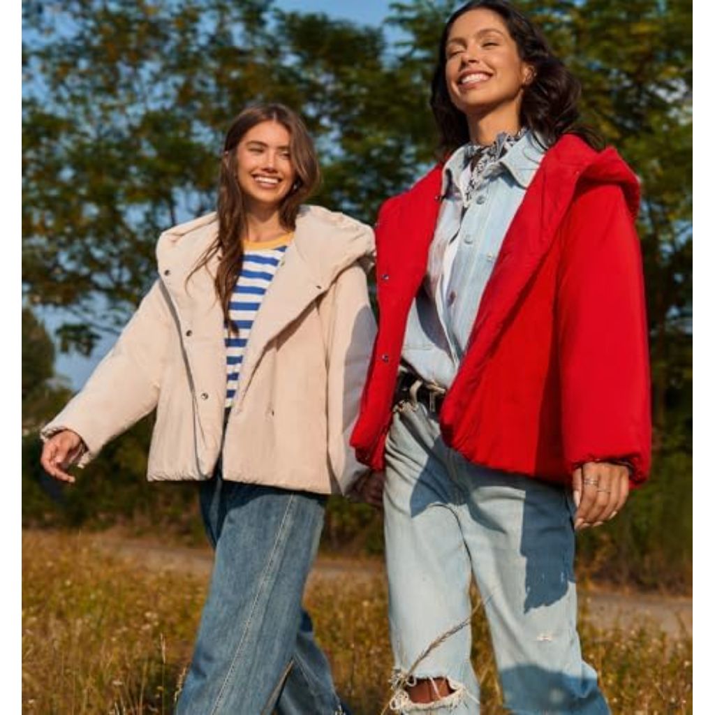 Tankaneo Womens Cropped Puffer Coat Hoodies Oversized Lightweight Winter Jacket Warm Long Sleeve Outerwear - M