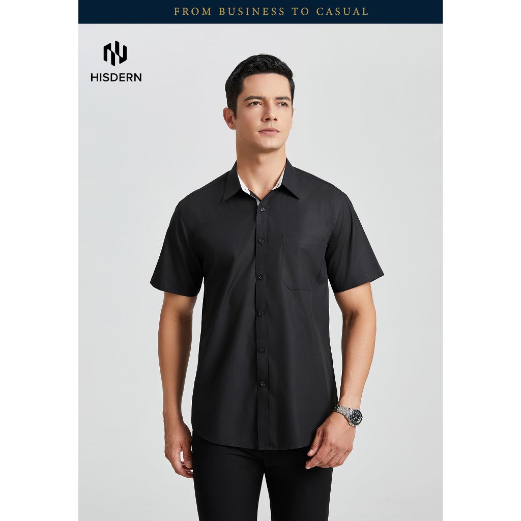 HISDERN Men's Short Sleeve Dress Shirt, Black, 2XL