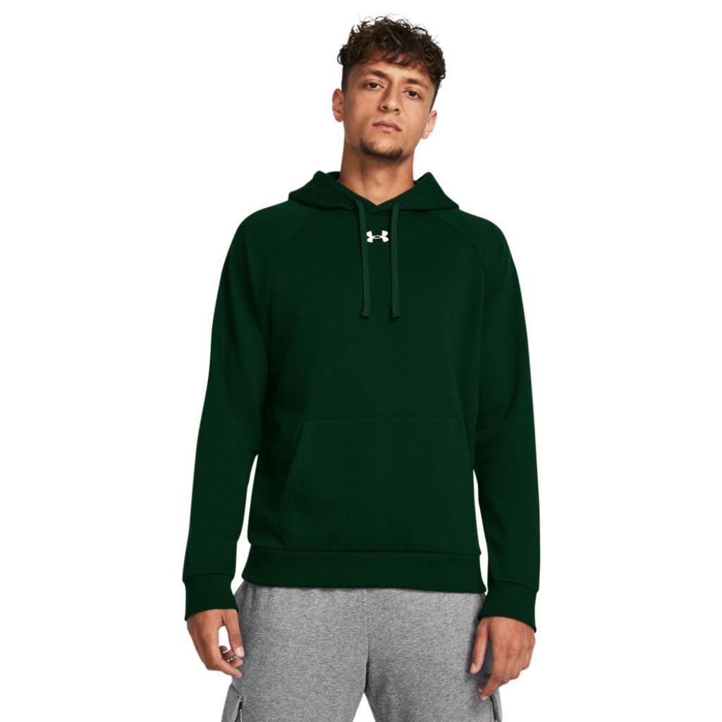 Under Armour Men's Rival Fleece Hoodie, Forest Green/White, Large