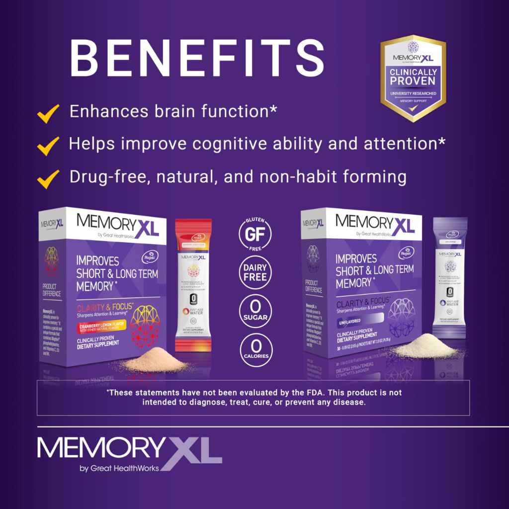 MemoryXL, Magnesium L-Threonate: Brain Supplement for Memory & Focus 30pk Unflavored