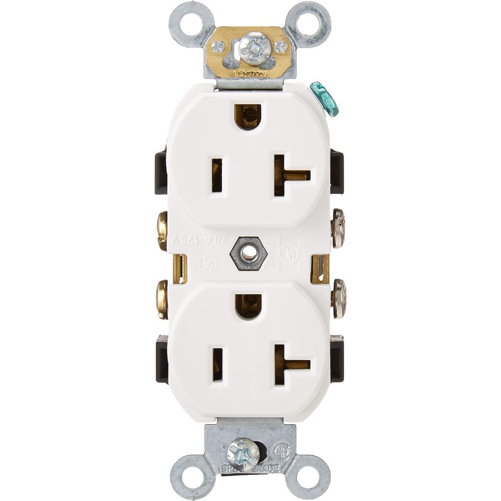 Leviton Duplex Receptacle, Commercial Spec Grade, Smooth Face, 20 Amp, 125 Volt, Side Wire, NEMA 5-20R, 2-Pole, 3-Wire, Self-Grounding, CR020-W, White