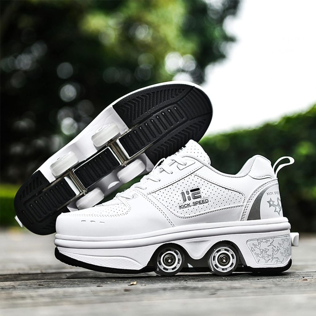 2-in-1 Roller Skates Shoes with Retractable 4 Wheels & Pop-Out Deformation Sneakers Outdoor Sports Skating Shoes for Girls Boys size 4