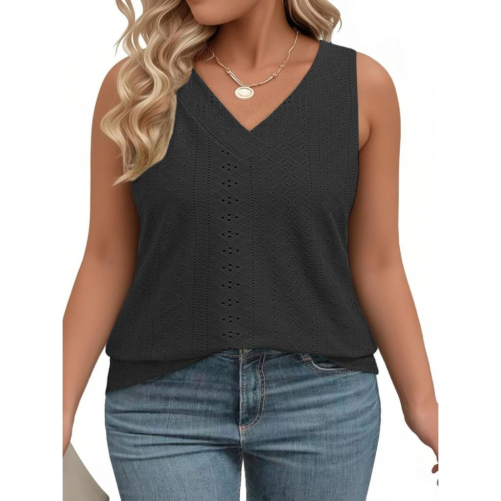ROSRISS Plus-Size-Tank-Tops for Women Summer Sleeveless Loose Fit Trendy Basic Shirts Casual V Neck Tunics Eyelet Tees