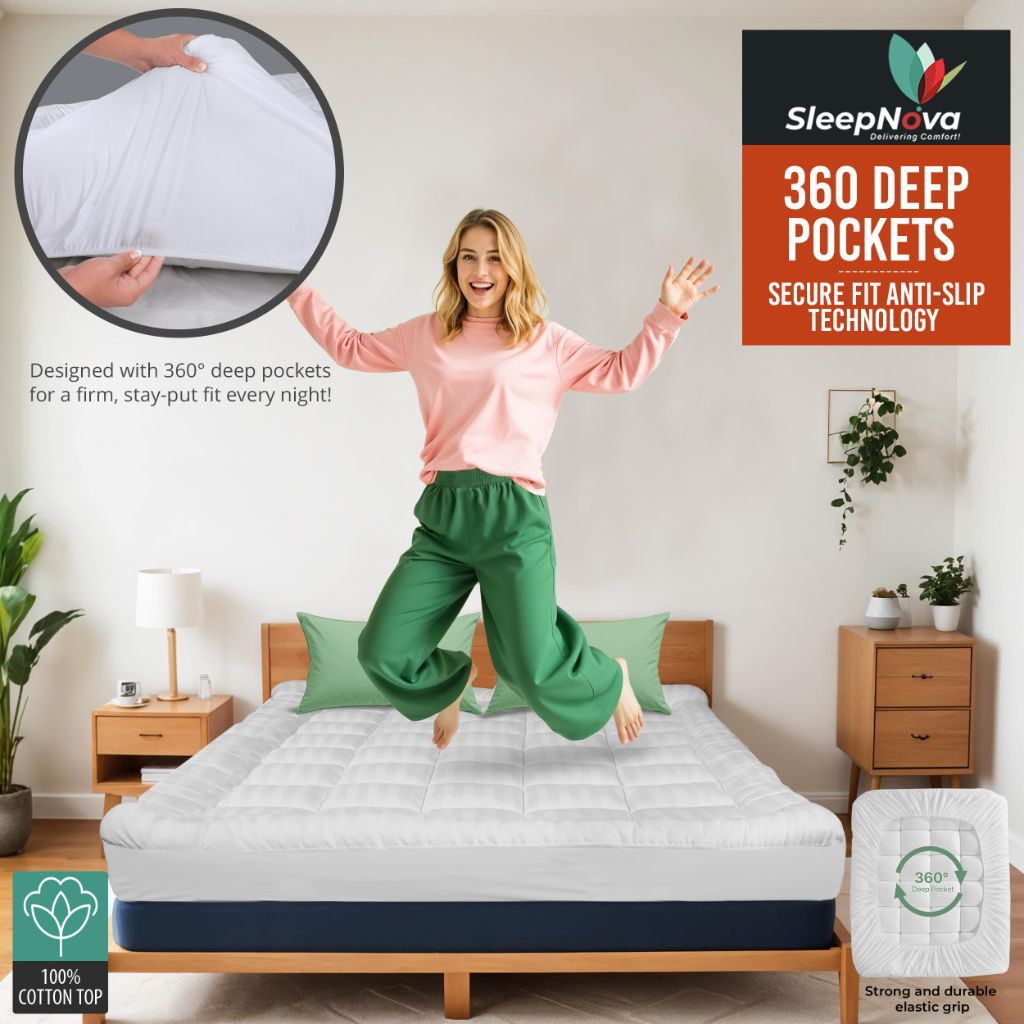 SLEEPNOVA's Cooling Mattress Topper Queen Size Bed – 100% Cotton Pillow Top (8”-21”), Soft & Machine Washable