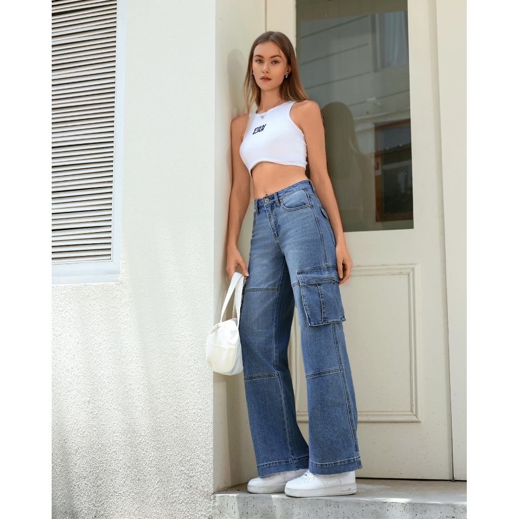 OFLUCK Women's Cargo Jeans High Rise Casual Loose Fit Wide Leg Denim Pants, Medium Blue, S-10