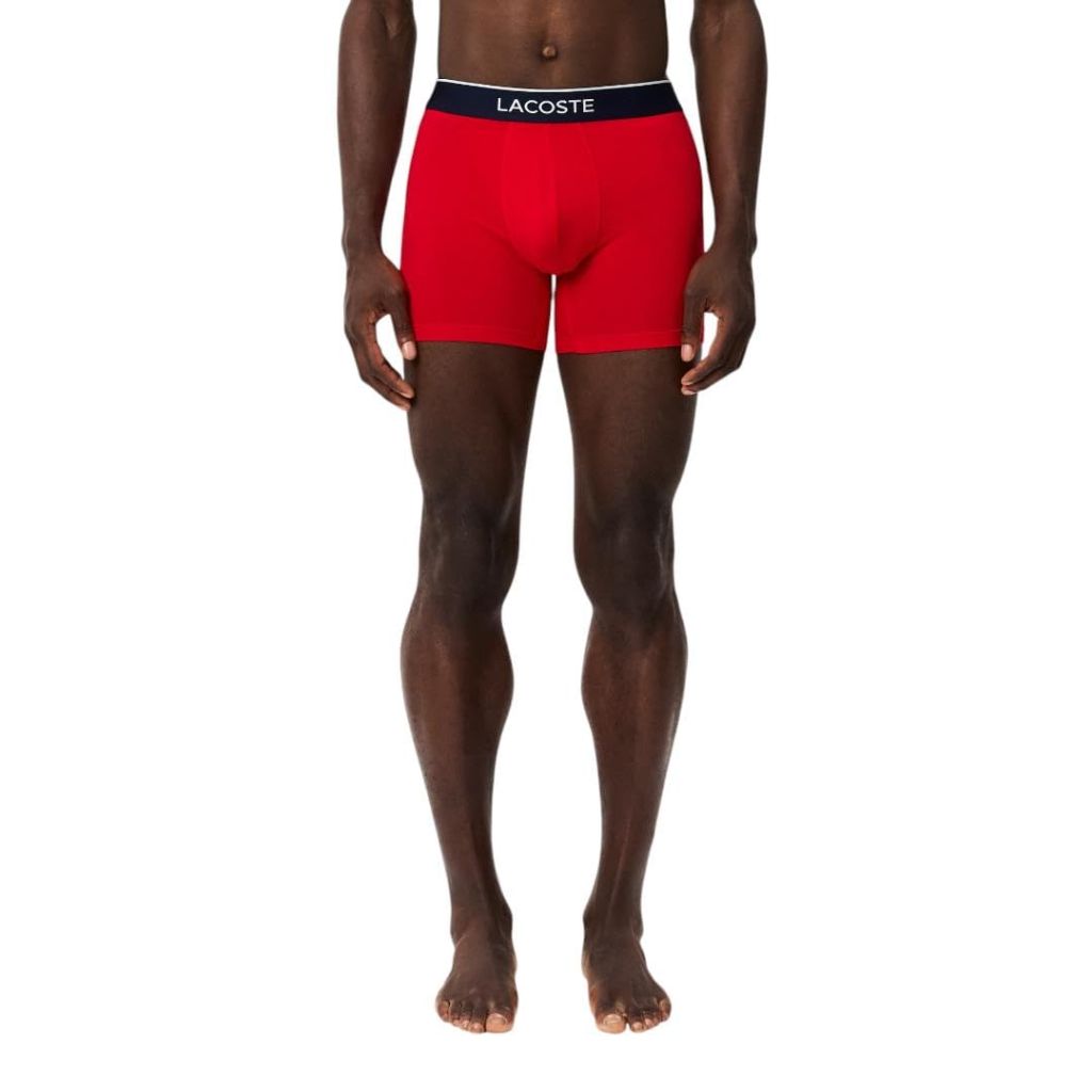 Lacoste Men's Cotton Stretch Mini Croc Print Boxer Briefs, 3-pack, Deep Ocean/Dove Grey/Red, Medium