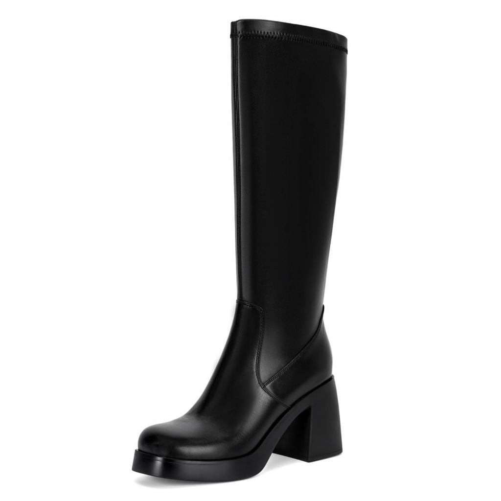 Dsevht Black Knee High Boots for Women Chunky Heeled Sexy Long Tall Boot Square Toe and Side Zipper Design  (Size 9) Black