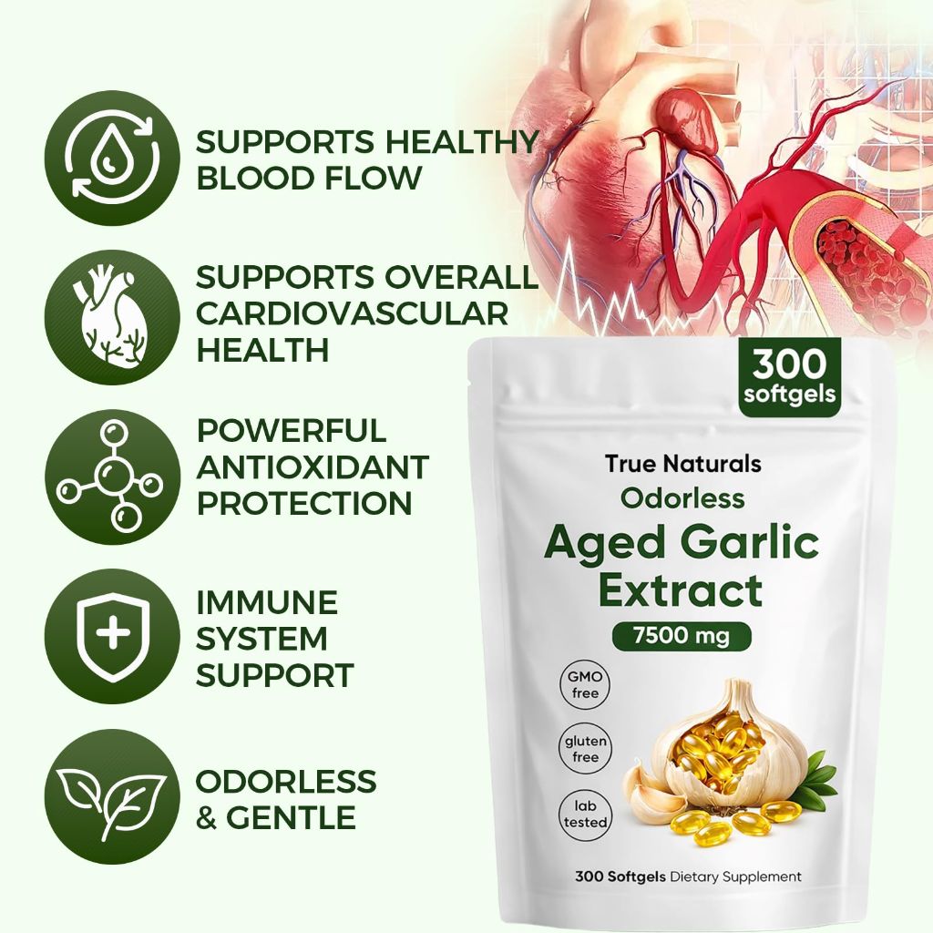 TRUE NATURALS Aged Garlic Extract 7500 Odorless Capsules – 300 Count