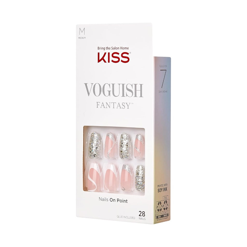 KISS Voguish Fantasy Nails – Fashspiration, Pink & Glittery, Medium Length, Coffin Shape, Ready To Wear, No Damage/Dry Time, Waterproof, Smudge Proof, Shine | 28 Count