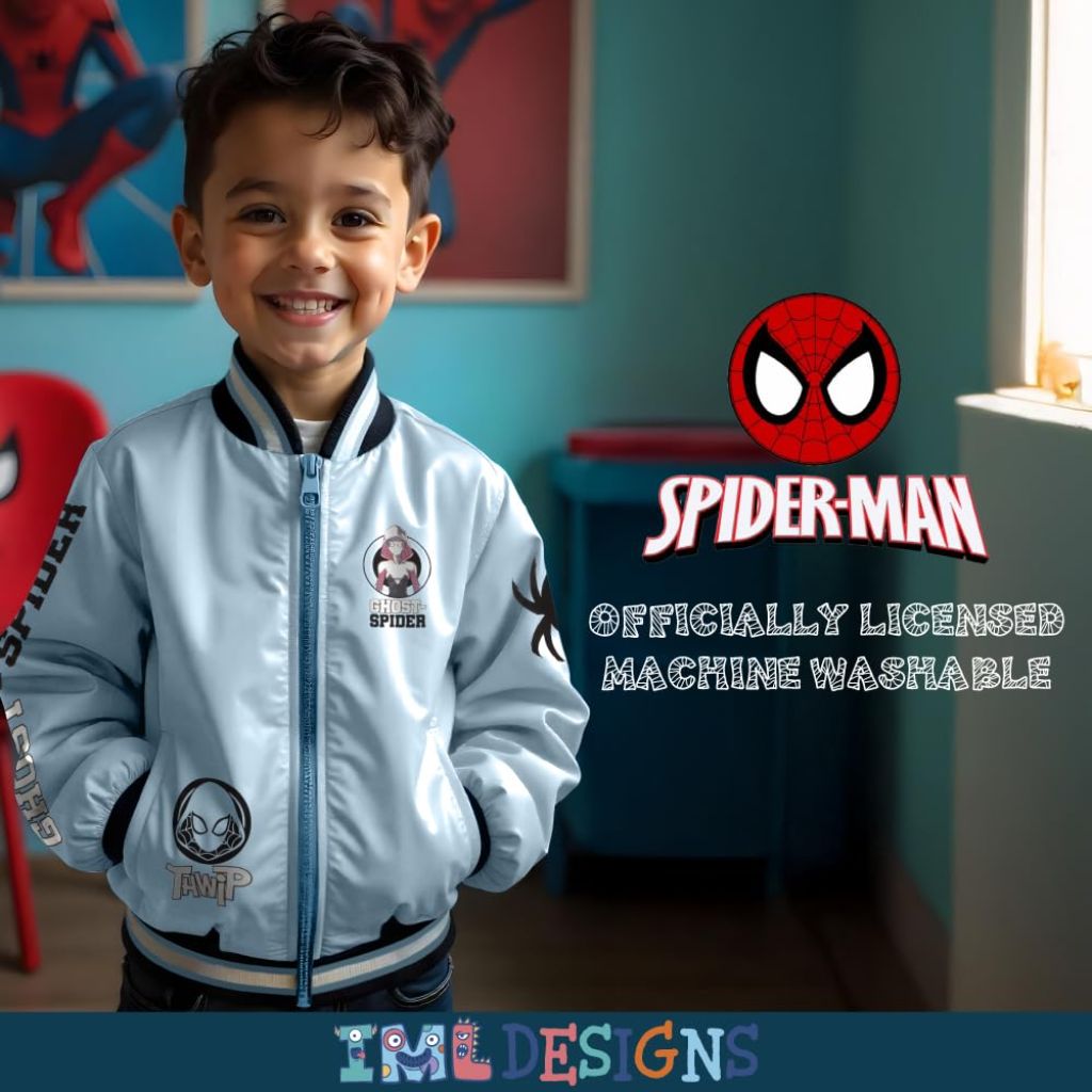 Marvel Ghost-Spider Gwen Boy's Casual Varsity Bomber Coat- Lightweight Zip-Up Graphic Print Jacket for Kids (Sky Blue, Size 14/16)
