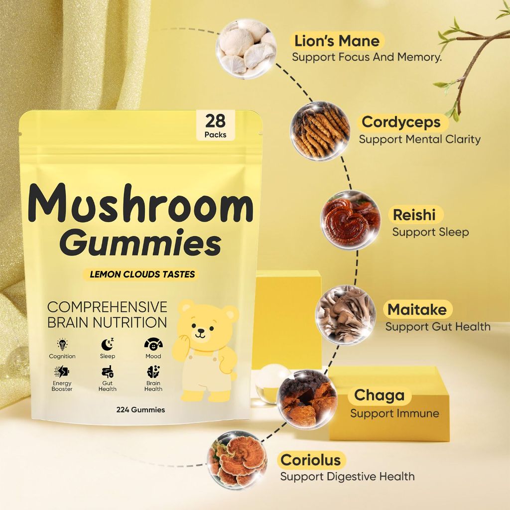 REYUQU Lions Mane Mushroom Gummies, 10,000 mg Adaptogenic Mushroom Complex per Serving - 28 Daily Sachets