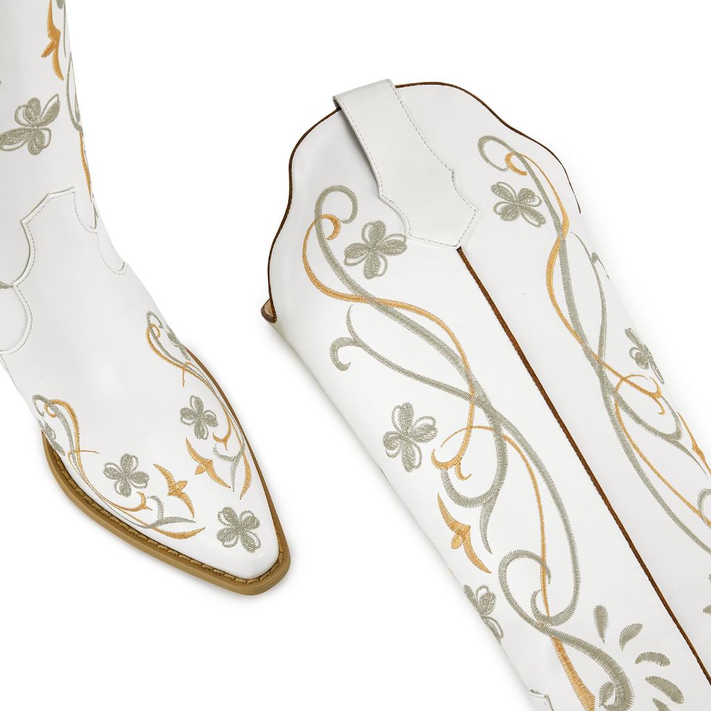 SZ 6, Wetkiss Knee High White Cowgirl Western Cowboy Boots for Women with Floral Embroidered